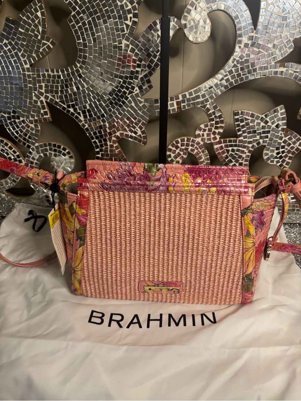 🌟Brahmin Pink Floral Woven‎ Crossbody Handbag